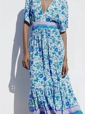 Zara White and Blue Floral V-Neck Midi Dress